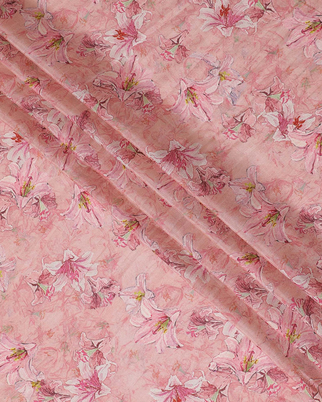 Light pink blended viscose organza fabric with multicolor print having metallic finish in floral design-D17493