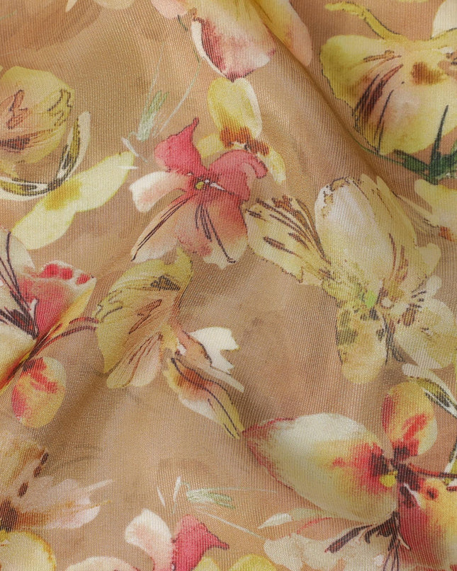 Light mustard blended viscose organza fabric with multicolor print having metallic finish in floral design-D17495