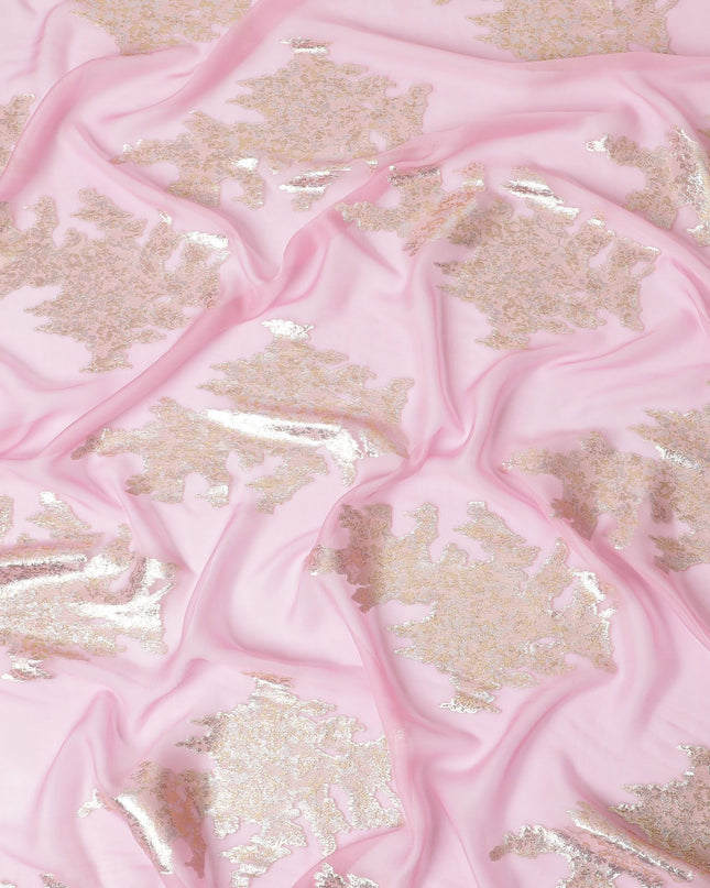 قماش شيفون حريري وردي أنيق مرقط باللون الذهبي المعدني - تصميم فاخر، صنع في كوريا الجنوبية، بعرض 140 سم -D17775