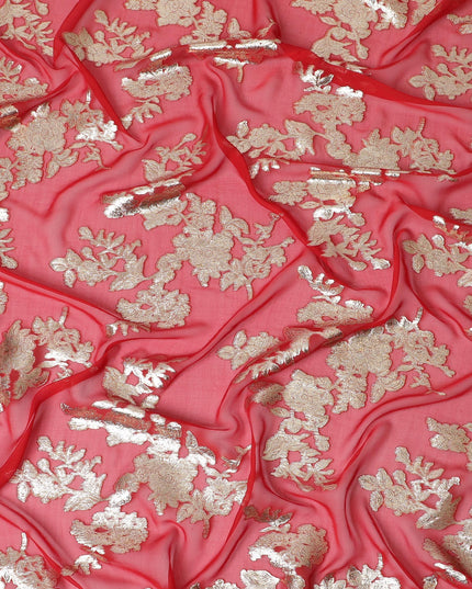 South Korean Metallic Gold Embroidery on Pure Silk Chiffon Fabric, Coral Red - 140cm Wide-D17776
