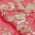 South Korean Metallic Gold Embroidery on Pure Silk Chiffon Fabric, Coral Red - 140cm Wide-D17776