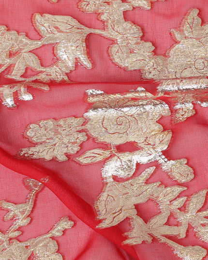 South Korean Metallic Gold Embroidery on Pure Silk Chiffon Fabric, Coral Red - 140cm Wide-D17776