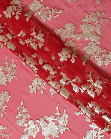 South Korean Metallic Gold Embroidery on Pure Silk Chiffon Fabric, Coral Red - 140cm Wide-D17776