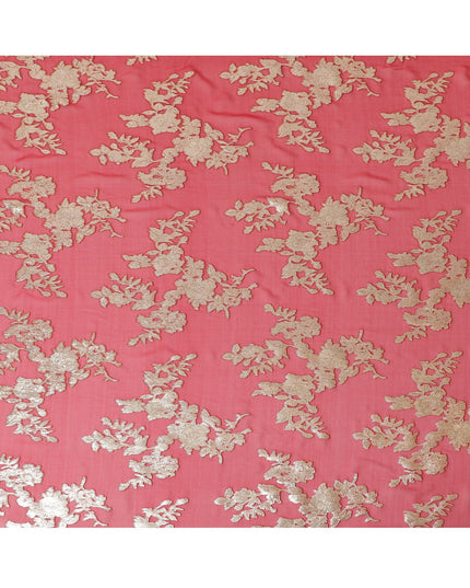 South Korean Metallic Gold Embroidery on Pure Silk Chiffon Fabric, Coral Red - 140cm Wide-D17776