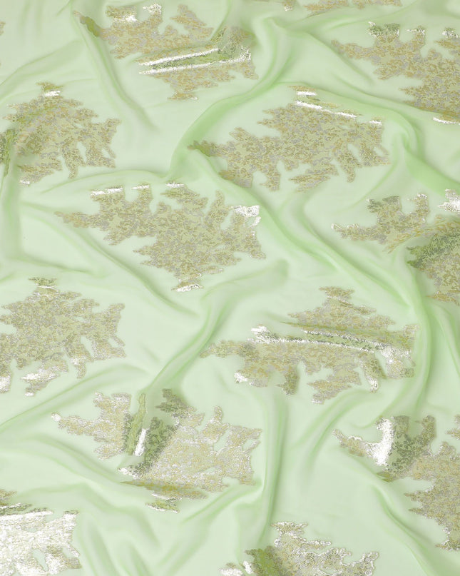 شيفون حرير خالص أخضر نعناعي مع تطريز فضي، صنع في كوريا الجنوبية - عرض 140 سم -D17777