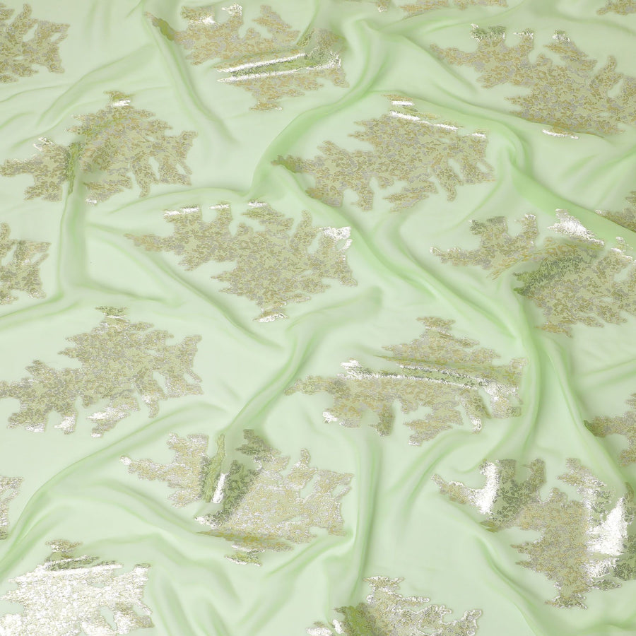 Elegant Mint Green Pure Silk Chiffon with Silver Embroidery, Made in South Korea - 140cm Width-D17777