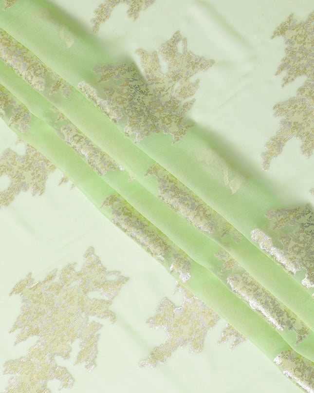 شيفون حرير خالص أخضر نعناعي مع تطريز فضي، صنع في كوريا الجنوبية - عرض 140 سم -D17777