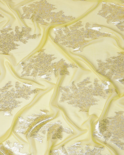 شيفون حرير خالص أصفر ليموني فاخر مع تفاصيل فضية، مصنوع في كوريا الجنوبية - عرض 140 سم -D17778