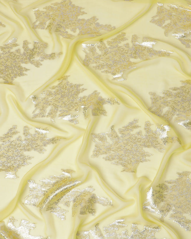 شيفون حرير خالص أصفر ليموني فاخر مع تفاصيل فضية، مصنوع في كوريا الجنوبية - عرض 140 سم -D17778