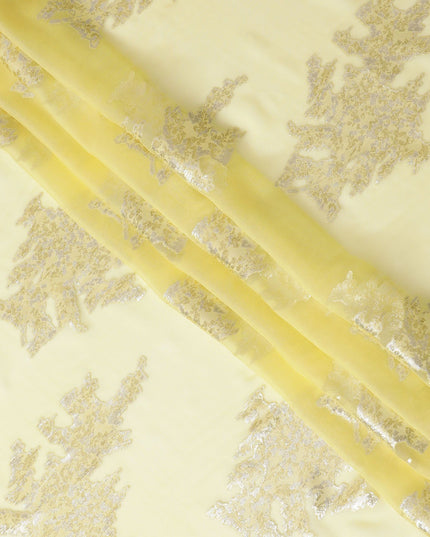 شيفون حرير خالص أصفر ليموني فاخر مع تفاصيل فضية، مصنوع في كوريا الجنوبية - عرض 140 سم -D17778