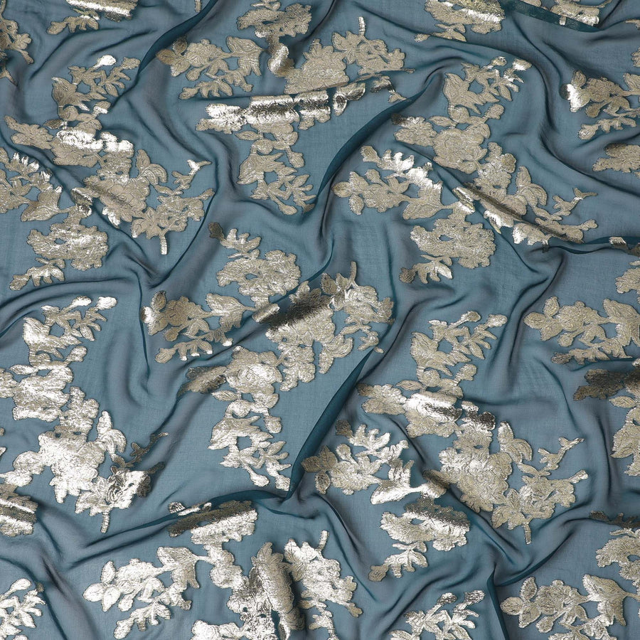 Elegant Teal Silk Chiffon with Silver Floral Embellishments, 140cm Width, Authentic South Korean Fabric-D17781