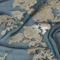 Elegant Teal Silk Chiffon with Silver Floral Embellishments, 140cm Width, Authentic South Korean Fabric-D17781