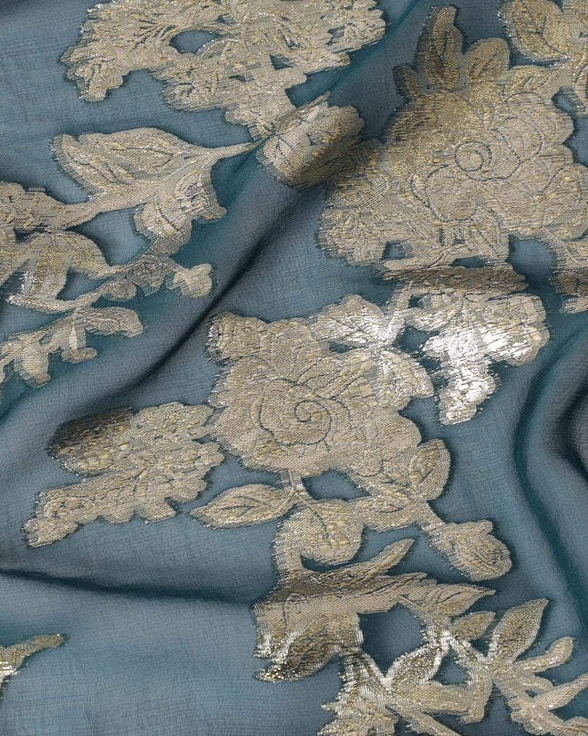شيفون حرير أزرق مخضر أنيق مع زخارف زهور فضية، عرض 140 سم، قماش كوري جنوبي أصيل-D17781