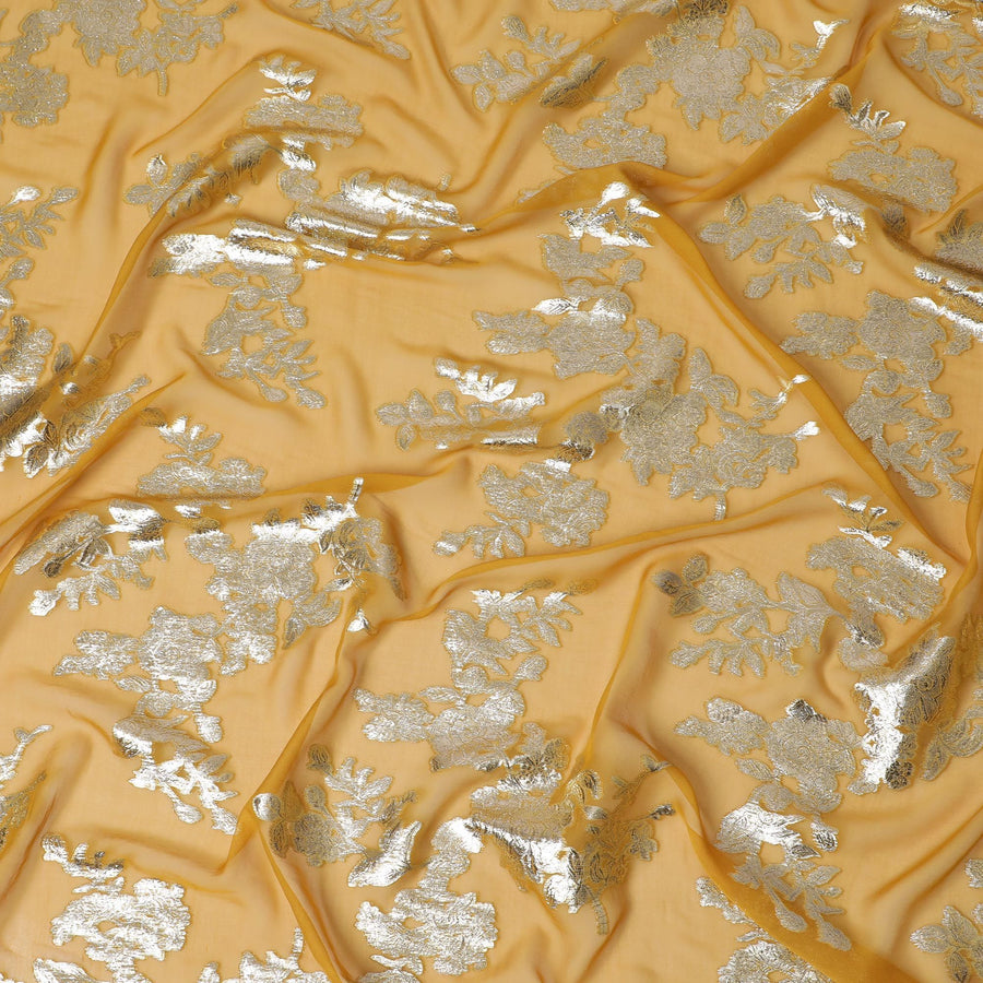 Goldenrod Silk Chiffon Fabric with Silver Embroidery, 140cm Wide - Luxurious South Korean Textile-D17785