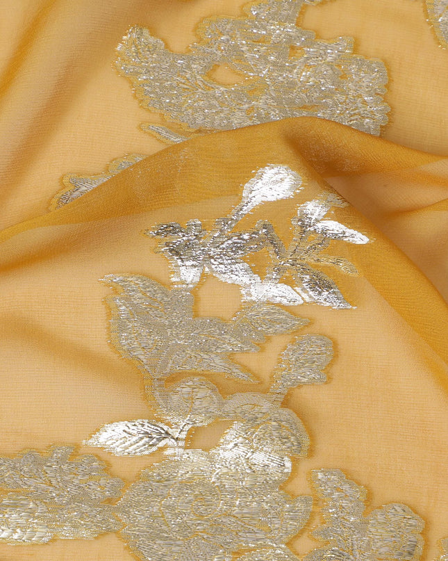 قماش شيفون حرير من Goldenrod مع تطريز فضي، عرض 140 سم - نسيج كوري جنوبي فاخر-D17785