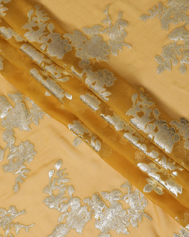 قماش شيفون حرير من Goldenrod مع تطريز فضي، عرض 140 سم - نسيج كوري جنوبي فاخر-D17785