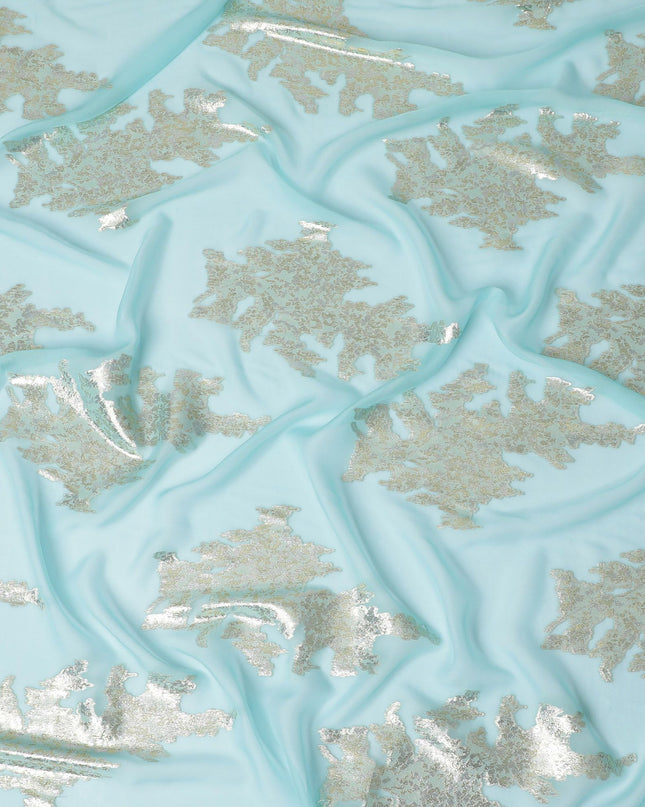 قماش شيفون حرير أزرق مائي مع زخارف فضية مذهبة، بعرض 140 سم - حرفة كورية جنوبية رائعة-D17786