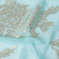 Aqua Blue Silk Chiffon Fabric with Silver Gilded Embellishments, 140cm Wide - Exquisite South Korean Craft-D17786