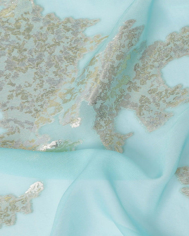 قماش شيفون حرير أزرق مائي مع زخارف فضية مذهبة، بعرض 140 سم - حرفة كورية جنوبية رائعة-D17786