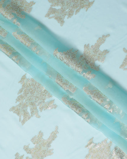 Aqua Blue Silk Chiffon Fabric with Silver Gilded Embellishments, 140cm Wide - Exquisite South Korean Craft-D17786