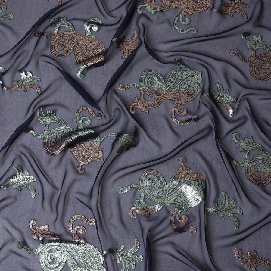 Embroidered Gunmetal Grey Silk Chiffon with Paisley Accents, 140cm - South Korean Elegance-D17787 Regal Fabrics