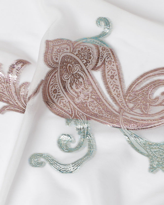 شيفون حرير ابيض كلاسيكي مع بيزلي مطرز 140سم - نسيج كوري جنوبي أنيق-D17793