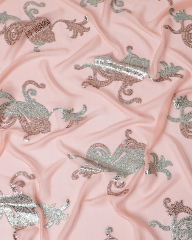 Blush Pink Silk Chiffon with Silver Paisley Embroidery, 140cm - South Korean Refined Fabric-D17795