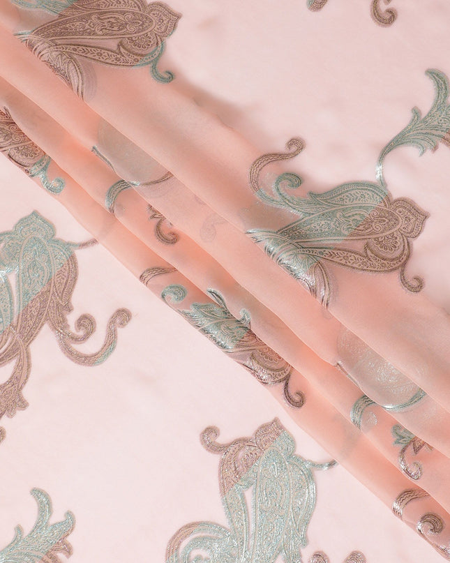 Blush Pink Silk Chiffon with Silver Paisley Embroidery, 140cm - South Korean Refined Fabric-D17795