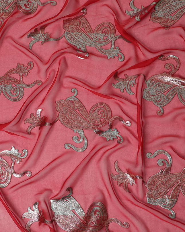 شيفون حرير مرجاني مع بيزلي ميتاليك، 140 سم - قماش كوري جنوبي فاخر-D17797
