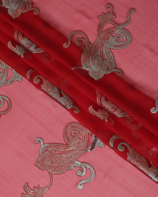 شيفون حرير مرجاني مع بيزلي ميتاليك، 140 سم - قماش كوري جنوبي فاخر-D17797