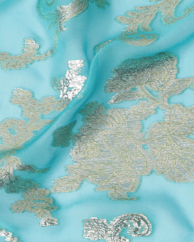 قماش شيفون حرير نقي باللون الفيروزي مع تفاصيل لوريكس معدنية، عرض 110 سم - مستورد من كوريا الجنوبية - D17895