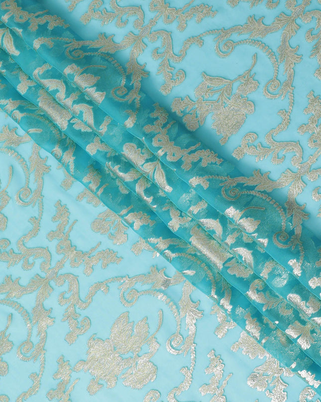 قماش شيفون حرير نقي باللون الفيروزي مع تفاصيل لوريكس معدنية، عرض 110 سم - مستورد من كوريا الجنوبية - D17895