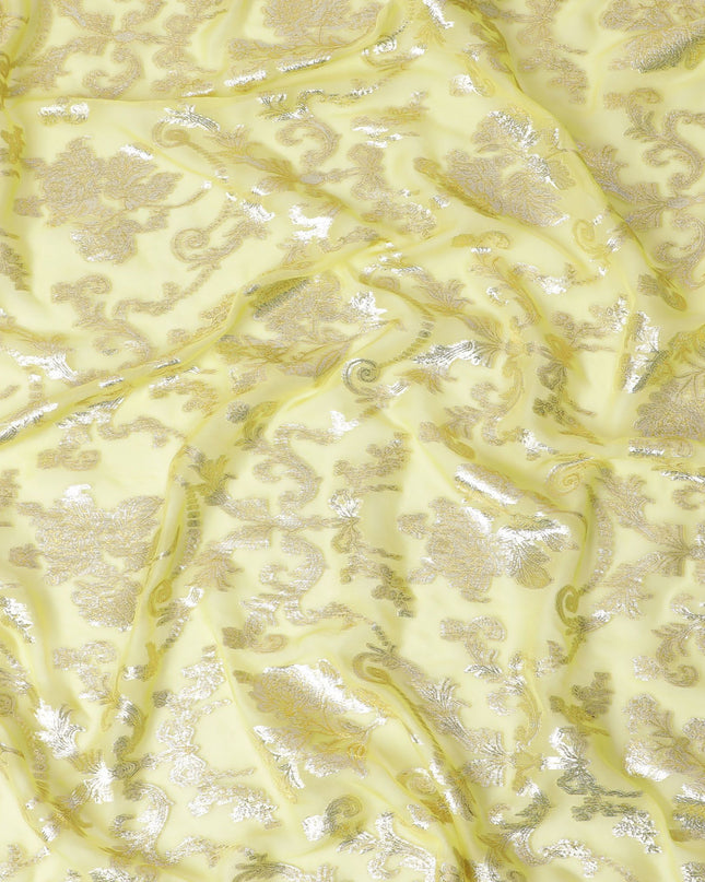 قماش شيفون حرير خالص أصفر ليموني مع لمسات من اللوريكس الفضي، عرض 110 سم - صناعة ممتازة في كوريا الجنوبية -D17898