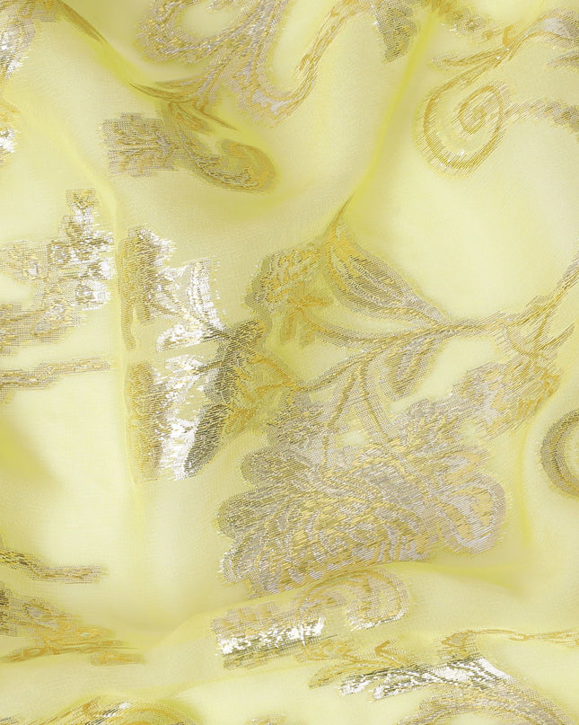 قماش شيفون حرير خالص أصفر ليموني مع لمسات من اللوريكس الفضي، عرض 110 سم - صناعة ممتازة في كوريا الجنوبية -D17898