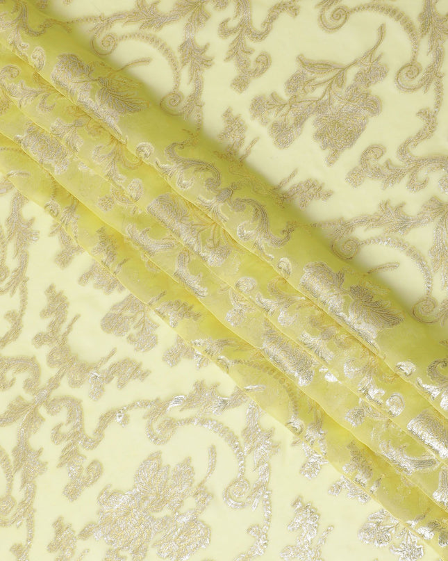 قماش شيفون حرير خالص أصفر ليموني مع لمسات من اللوريكس الفضي، عرض 110 سم - صناعة ممتازة في كوريا الجنوبية -D17898