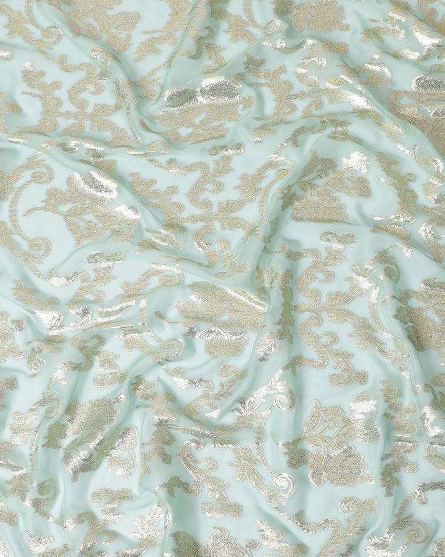 قماش شيفون حرير خالص باللون الأخضر النعناعي مع تفاصيل لوركس ذهبية، عرض 110 سم - منسوج بدقة في كوريا الجنوبية-D17899