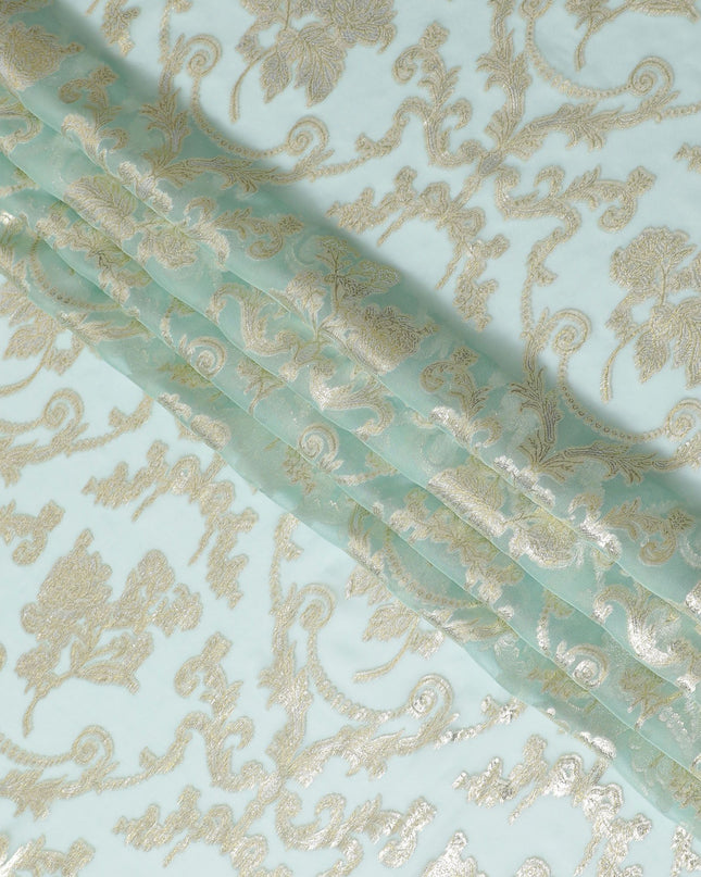 قماش شيفون حرير خالص باللون الأخضر النعناعي مع تفاصيل لوركس ذهبية، عرض 110 سم - منسوج بدقة في كوريا الجنوبية-D17899