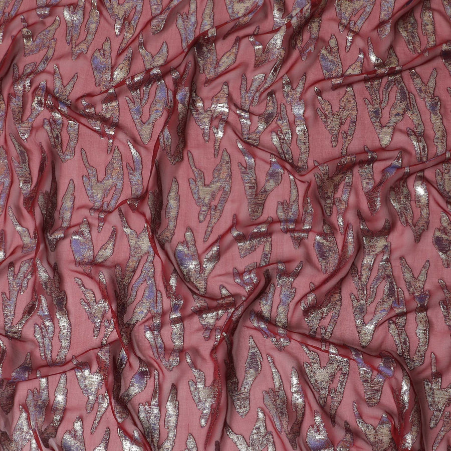 Burgundy Pure Silk Chiffon with Metallic Lurex Abstract, 110cm Width - Intricately Woven in South Korea-D17902