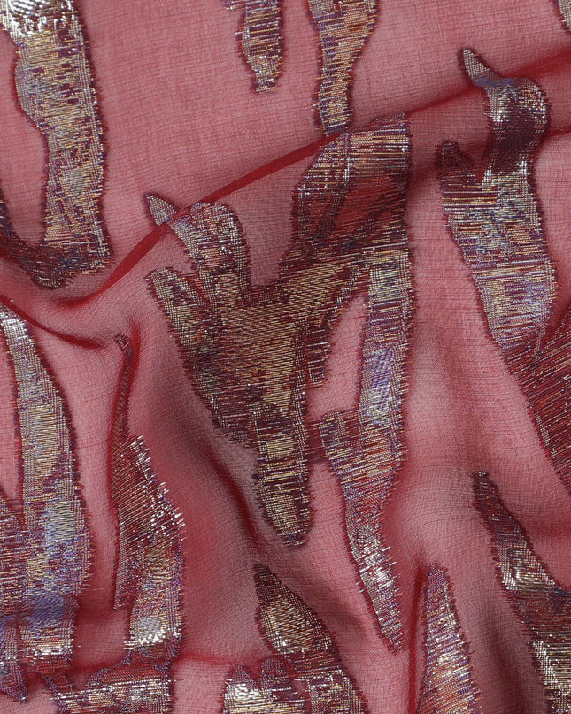 شيفون من الحرير الخالص باللون العنابي مع خلاصة اللوريكس المعدني، عرض 110 سم - منسوج بشكل معقد في كوريا الجنوبية -D17902