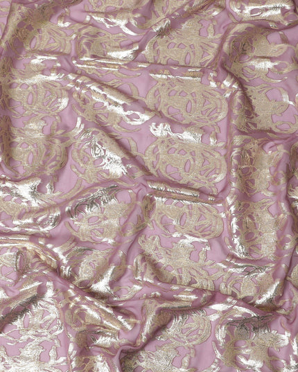 داستي روز شيفون من الحرير الخالص مع لوركس ذهبي باروكي، عرض 110 سم - مصنوع بدقة في كوريا الجنوبية-D17906