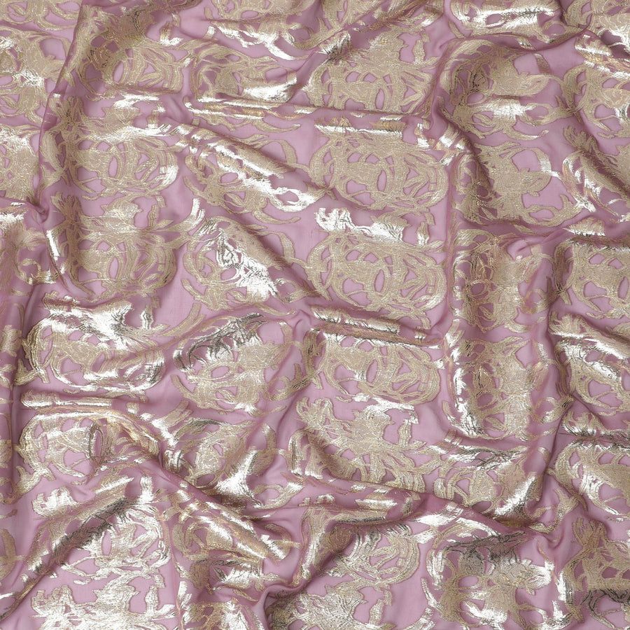 داستي روز شيفون من الحرير الخالص مع لوركس ذهبي باروكي، عرض 110 سم - مصنوع بدقة في كوريا الجنوبية-D17906