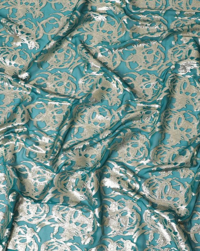 شيفون حرير خالص باللون الأخضر المخضر مع لوريكس فضي مزخرف، عرض 110 سم - قماش فاخر من كوريا الجنوبية-D17907