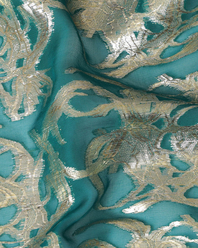شيفون حرير خالص باللون الأخضر المخضر مع لوريكس فضي مزخرف، عرض 110 سم - قماش فاخر من كوريا الجنوبية-D17907