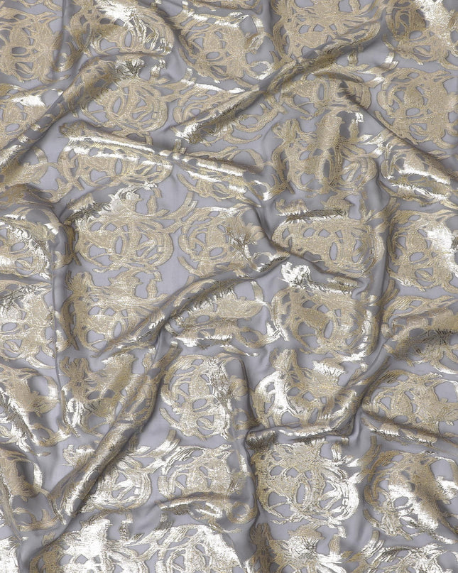 شيفون حرير خالص رمادي فضي مع تفاصيل لوركس مذهبة، عرض 110 سم - منسوج بشكل رائع في كوريا الجنوبية-D17908