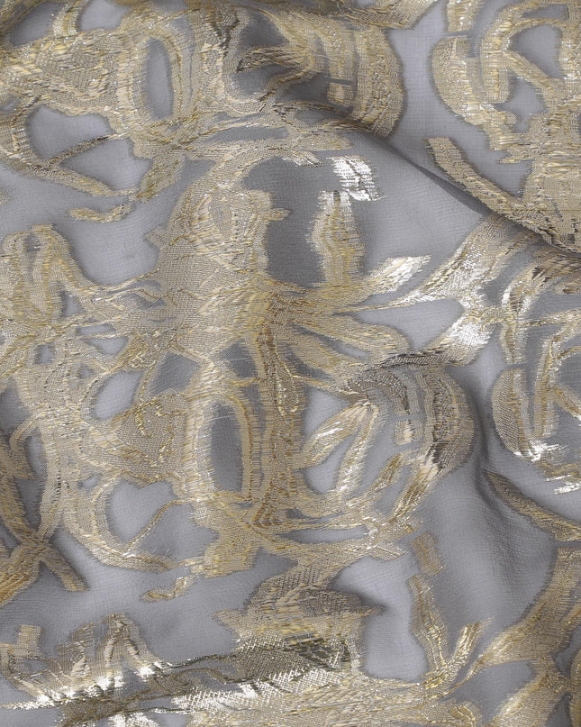 شيفون حرير خالص رمادي فضي مع تفاصيل لوركس مذهبة، عرض 110 سم - منسوج بشكل رائع في كوريا الجنوبية-D17908