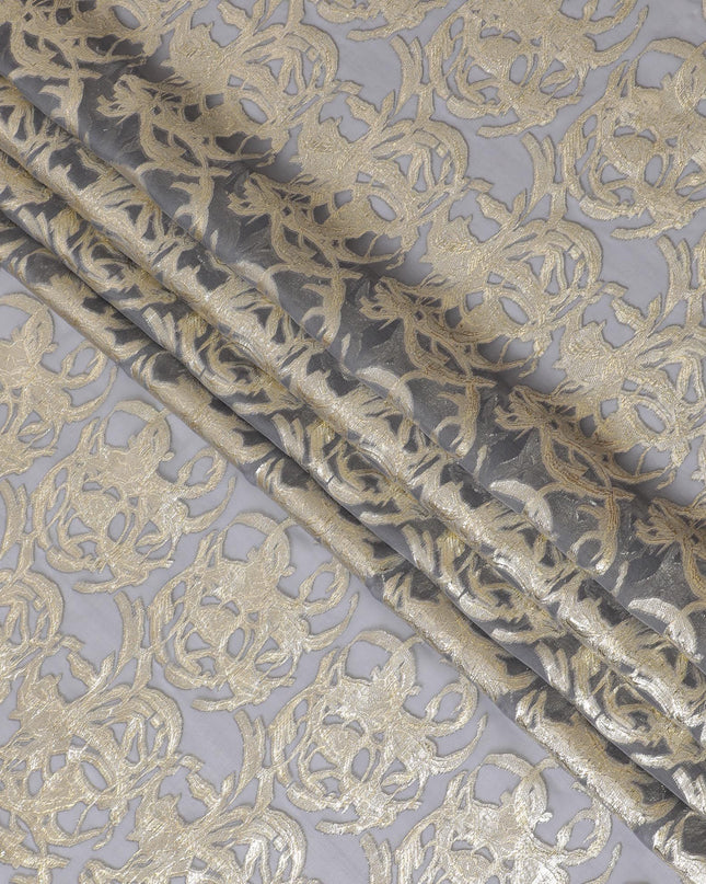 شيفون حرير خالص رمادي فضي مع تفاصيل لوركس مذهبة، عرض 110 سم - منسوج بشكل رائع في كوريا الجنوبية-D17908