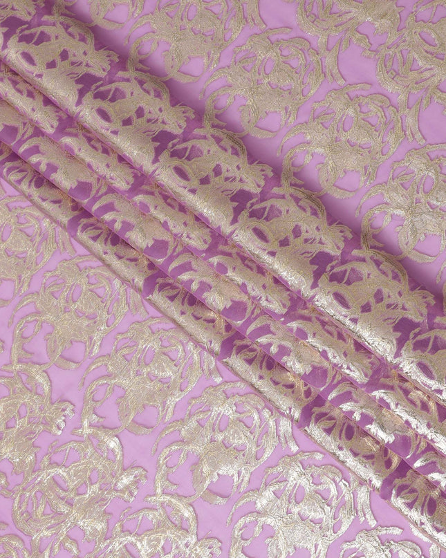 Mauve Pure Silk Chiffon with Golden Lurex Flourishes, 110cm Width - Luxuriously Crafted in South Korea-D17909