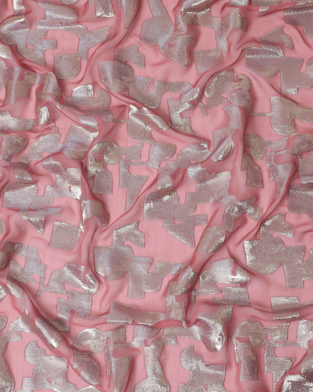 شيفون حرير خالص وردي مرجاني مع لوريكس فضي لامع عرض 110 سم - قماش فاخر من كوريا الجنوبية-D17911