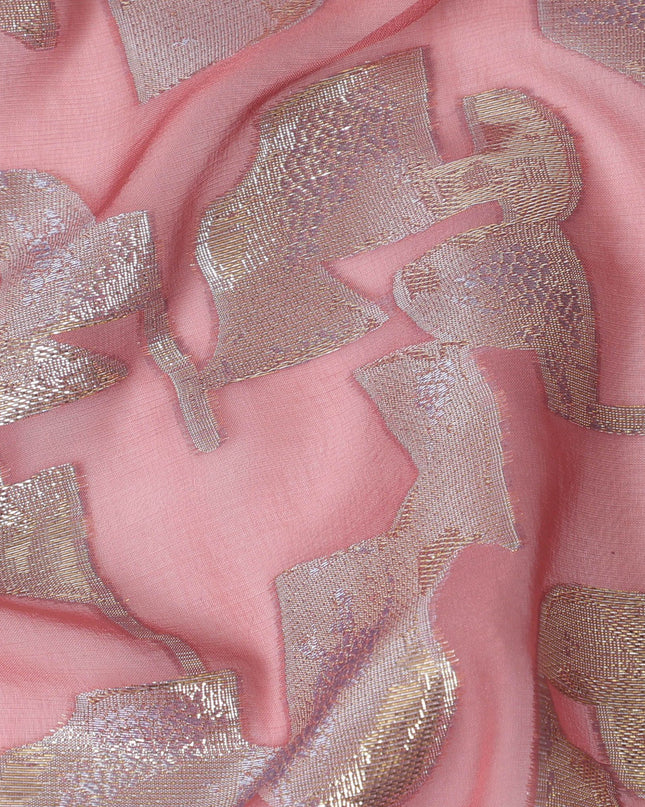 شيفون حرير خالص وردي مرجاني مع لوريكس فضي لامع عرض 110 سم - قماش فاخر من كوريا الجنوبية-D17911