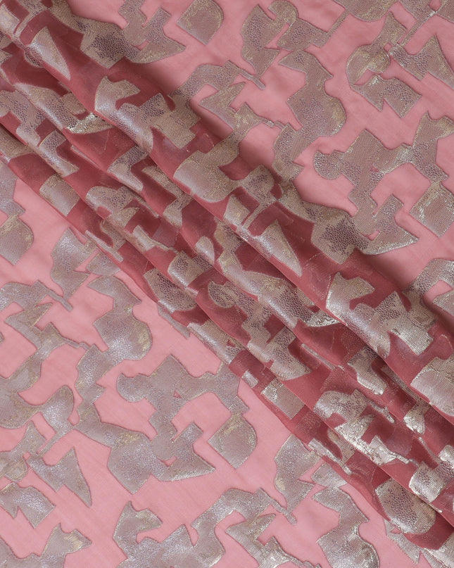 شيفون حرير خالص وردي مرجاني مع لوريكس فضي لامع عرض 110 سم - قماش فاخر من كوريا الجنوبية-D17911